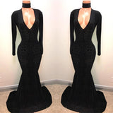 Black Lace V-Neck Party Dresses Mermaid Long-Sleeve Evening Gowns