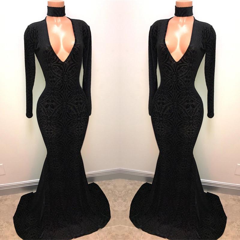 Black Lace V-Neck Party Dresses Mermaid Long-Sleeve Evening Gowns