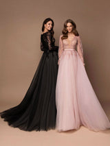 Black Long Sleeves Lace Evening Dress Tulle Long Party Gowns