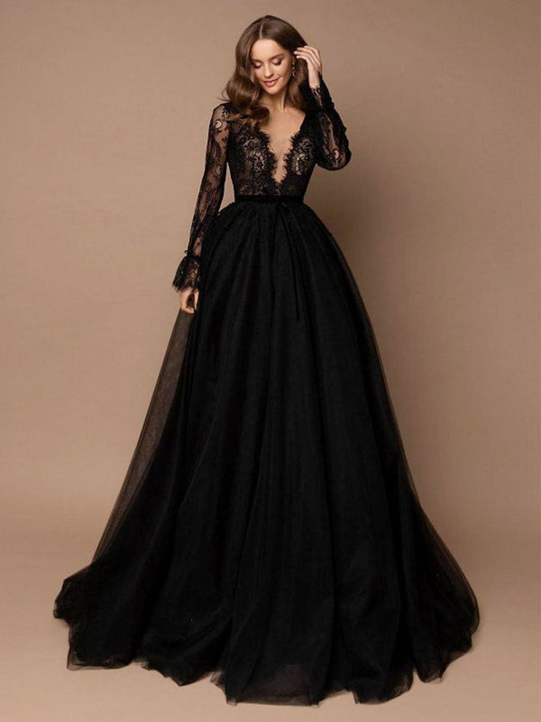 Black Long Sleeves Lace Evening Dress Tulle Long Party Gowns