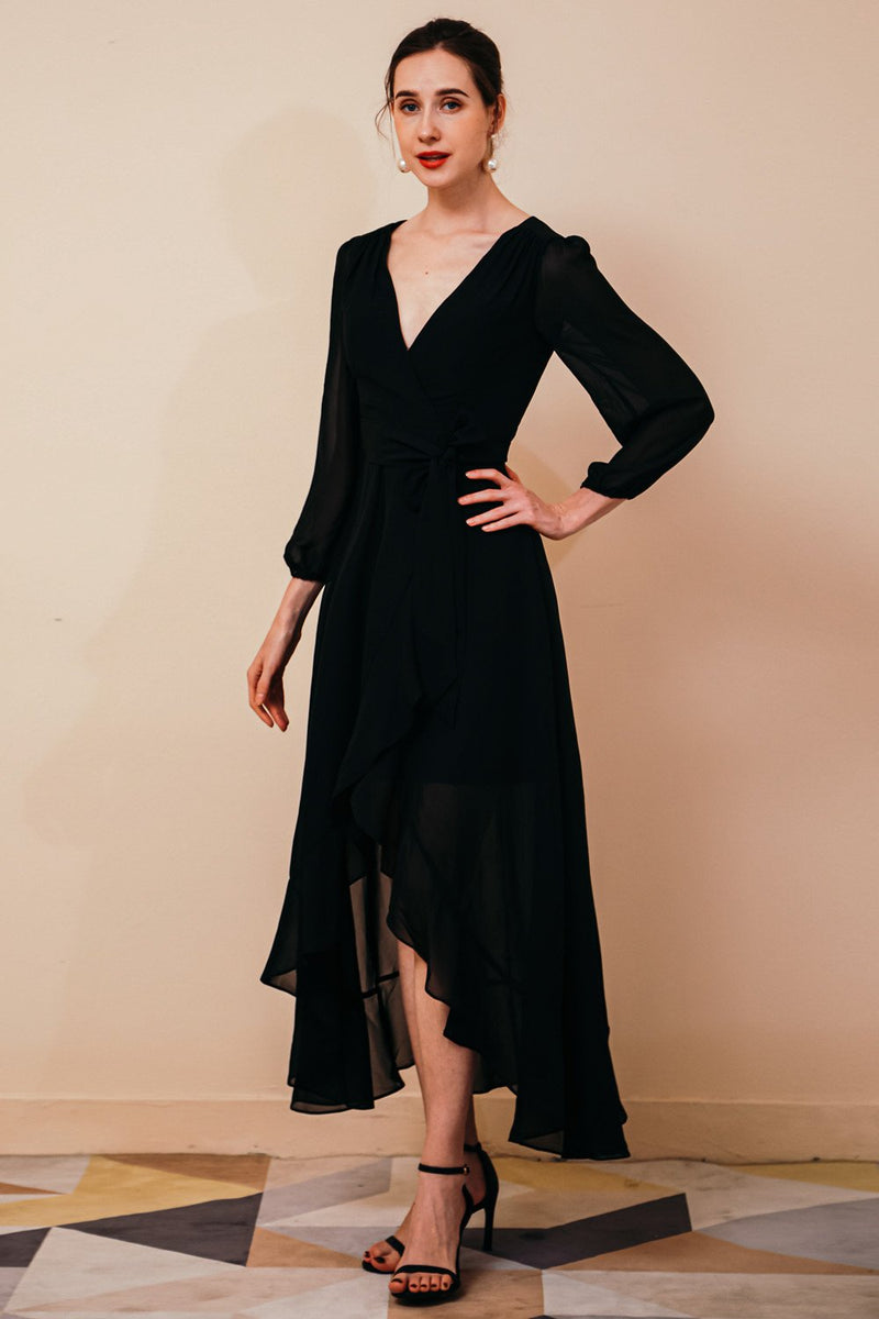 Black Long Sleevess High low Chiffon Evening Party Gowns