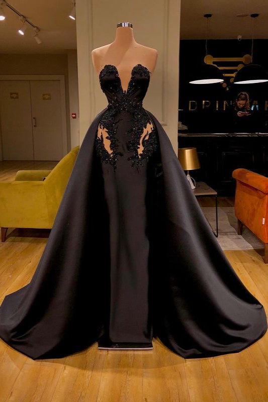 Black Overskirt Long Ball Dresses With Appliques Sweetheart