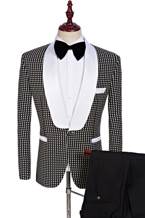 Black and White Shawl Lapel Wedding Suits New Arrival Dot Prom Tuxedo