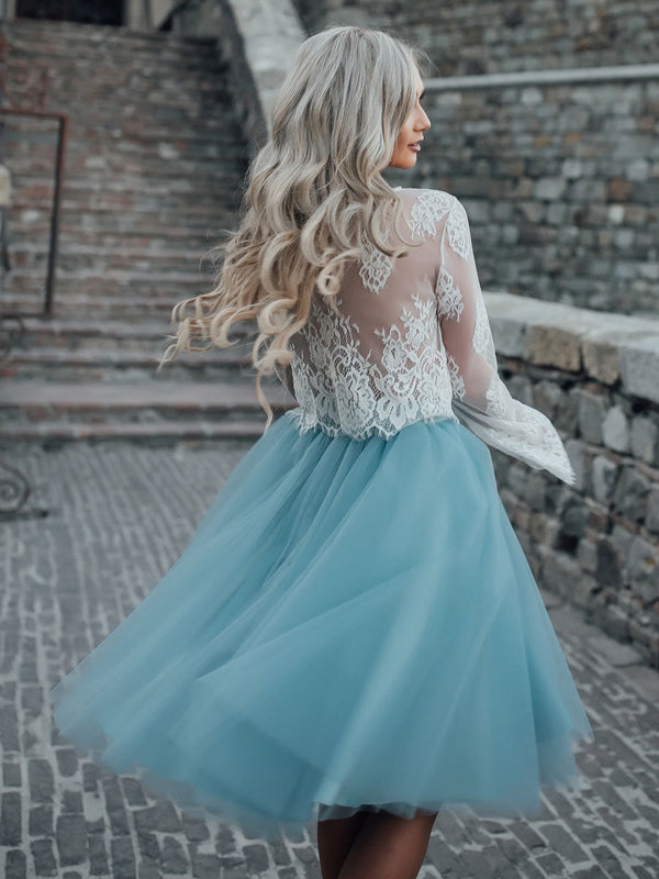Blue Casual Wedding Dress A-line Designed Neckline Lace Tulle Bridal Gowns