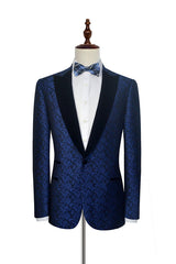 Blue Floral Patter Tuxedos for Wedding Black Velvet Peak Collar Prom Suits