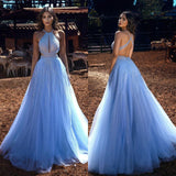 Blue HalterLong Prom Dress Tulle Evening Ball Dresses Beadings