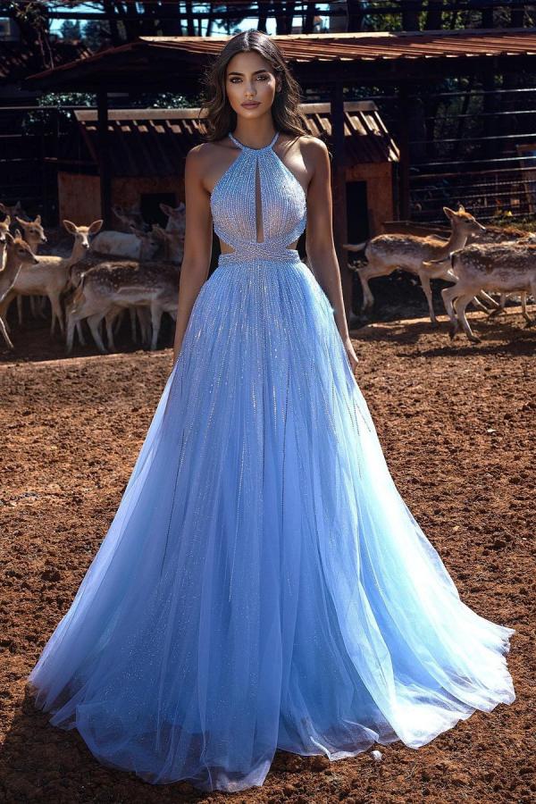 Blue HalterLong Prom Dress Tulle Evening Ball Dresses Beadings
