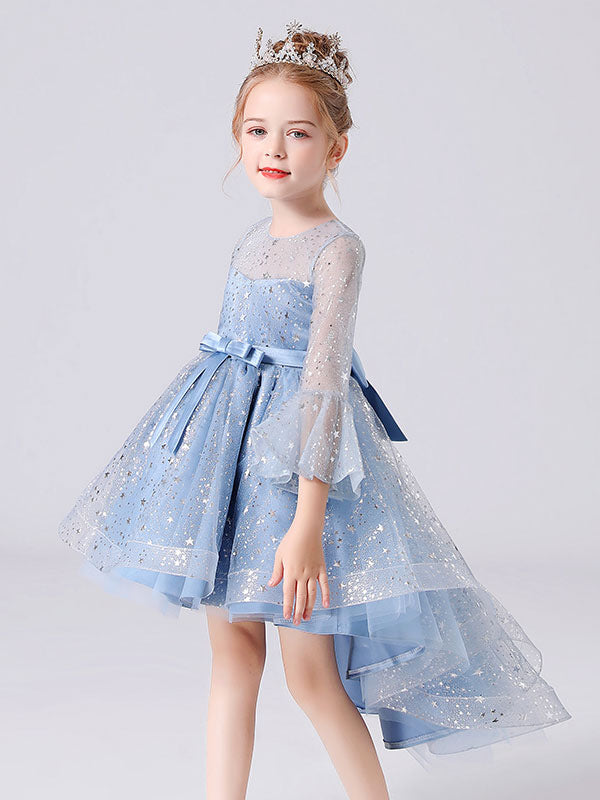 Blue Jewel Neck 3/4 Length Sleeves Bows Formal Kids Pageant flower girl dresses