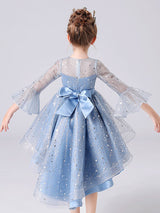 Blue Jewel Neck 3/4 Length Sleeves Bows Formal Kids Pageant flower girl dresses