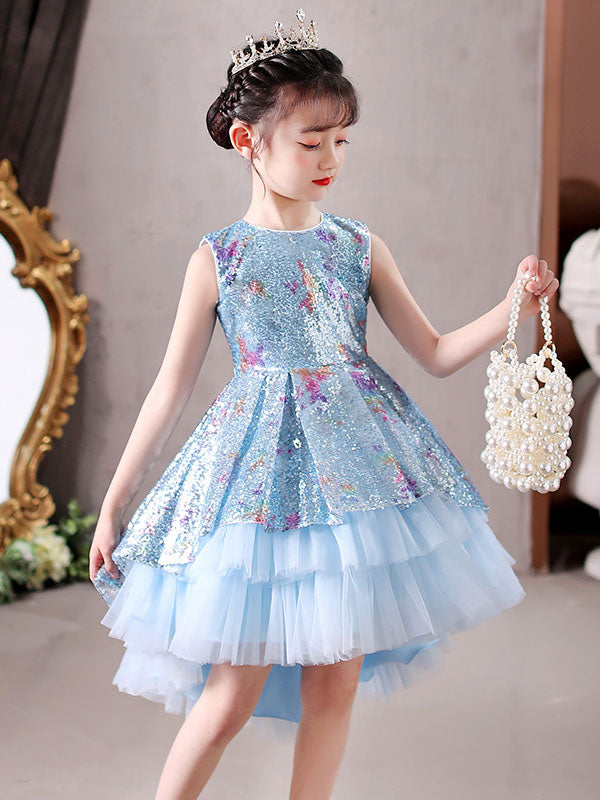Blue Jewel Neck Sleeveless Bows Kids Social Party Dresses Princess Dress