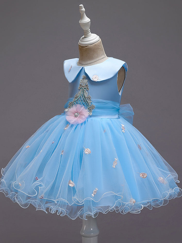 Blue Jewel Neck Sleeveless Bows Tulle Polyester Cotton Flowers Kids Social Party Dresses