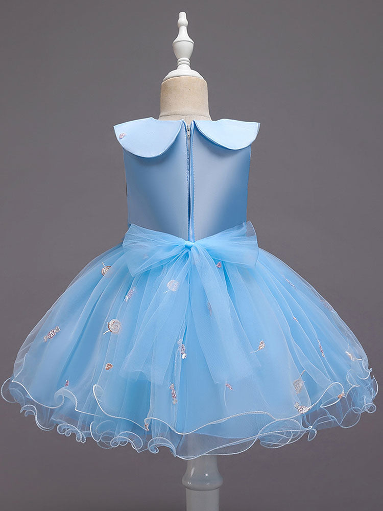 Blue Jewel Neck Sleeveless Bows Tulle Polyester Cotton Flowers Kids Social Party Dresses