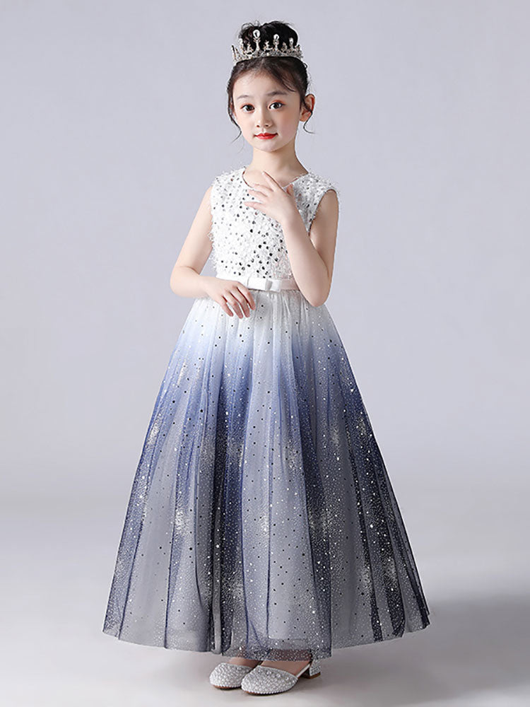 Blue Jewel Neck Sleeveless Polyester Tulle Lace Polyester Cotton Embroidered Kids Party Dresses