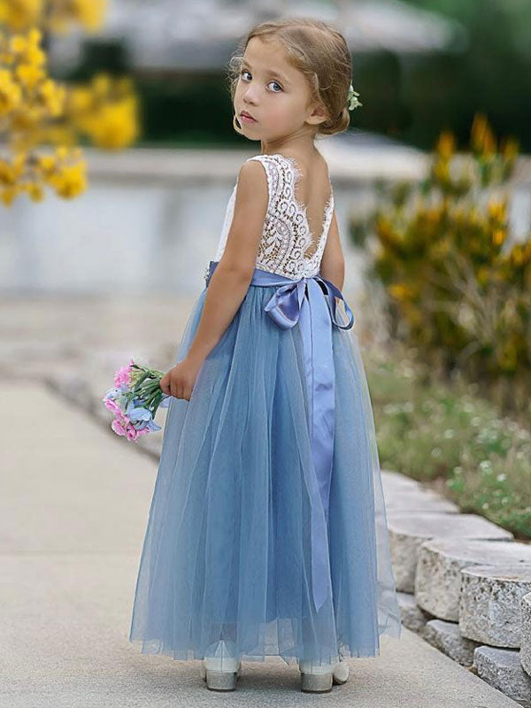 Blue Jewel Neck Sleeveless Sash Kids Party Dresses