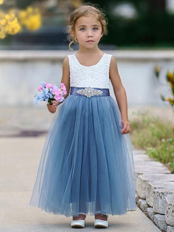 Blue Jewel Neck Sleeveless Sash Kids Party Dresses