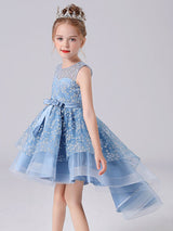 Blue Jewel Neck Sleeveless Short Princess Dress Sash Lace Kids Party Dresses
