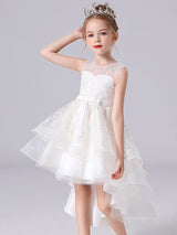 Blue Jewel Neck Sleeveless Short Princess Dress Sash Lace Kids Party Dresses