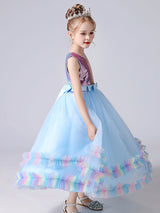 Blue Jewel Neck Tulle Sleeveless Ankle-Length Bows Kids Social Party Dresses Princess Dress