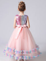 Blue Jewel Neck Tulle Sleeveless Ankle-Length Bows Kids Social Party Dresses Princess Dress