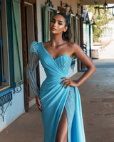 Blue Long Sleeve Prom Dress Mermaid Split With Sequins One Shoulder