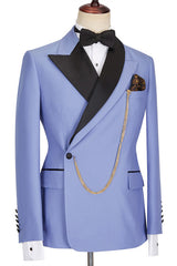 Blue Peaked Lapel Slim Fit Bespoke Men Suits