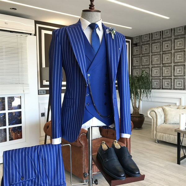 Blue Striped 3-pieces Peaked Lapel Formal Men Suits