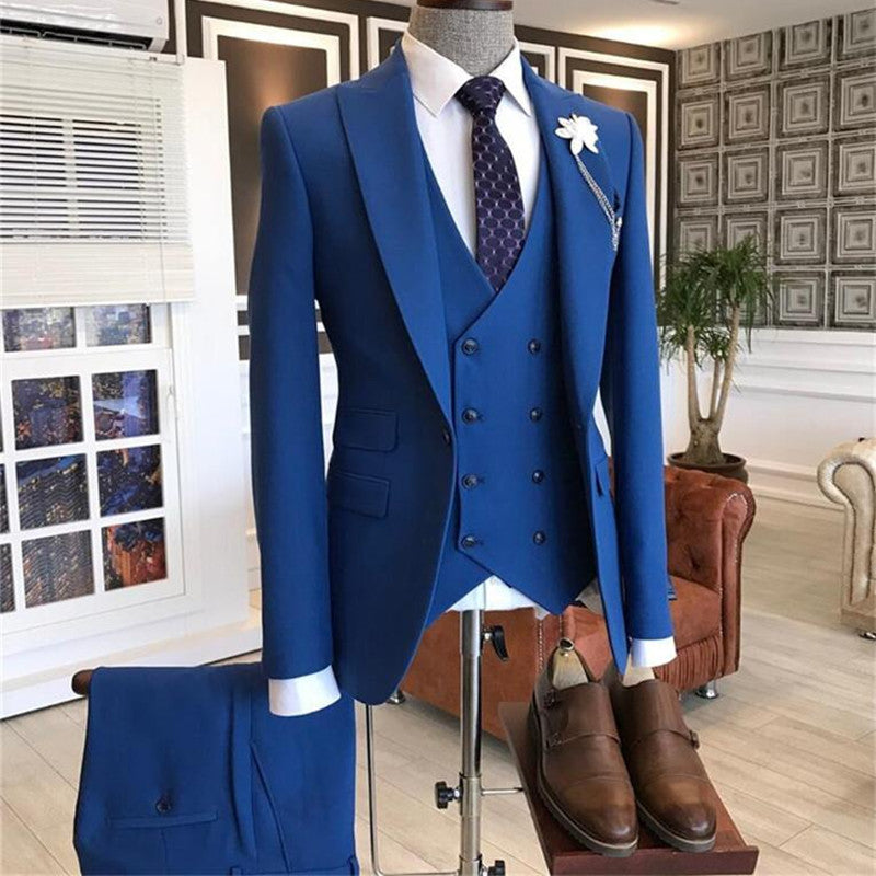 Blue Three-Pieces Peaked Lapel Men Suits