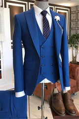 Blue Three-Pieces Peaked Lapel Men Suits