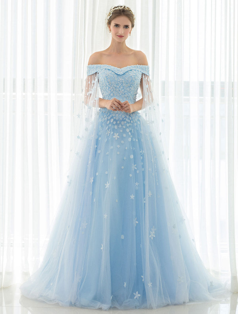 Blue Wedding Dress Lace Flower Applique Off-The-Shoulder Tulle Cape Chaple Train A-Line Bridal Gown