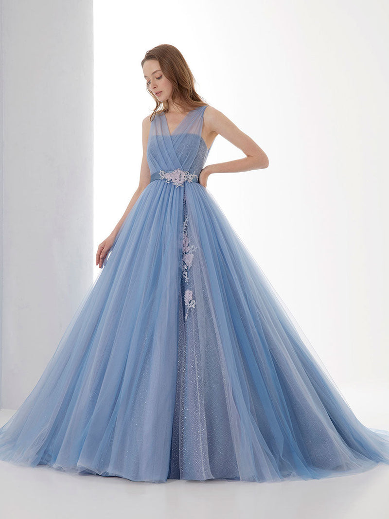Blue Wedding Dresses With Train Strapless Sleeveless Lace Up Natural Waist Long Lace Tulle Bridal Gown