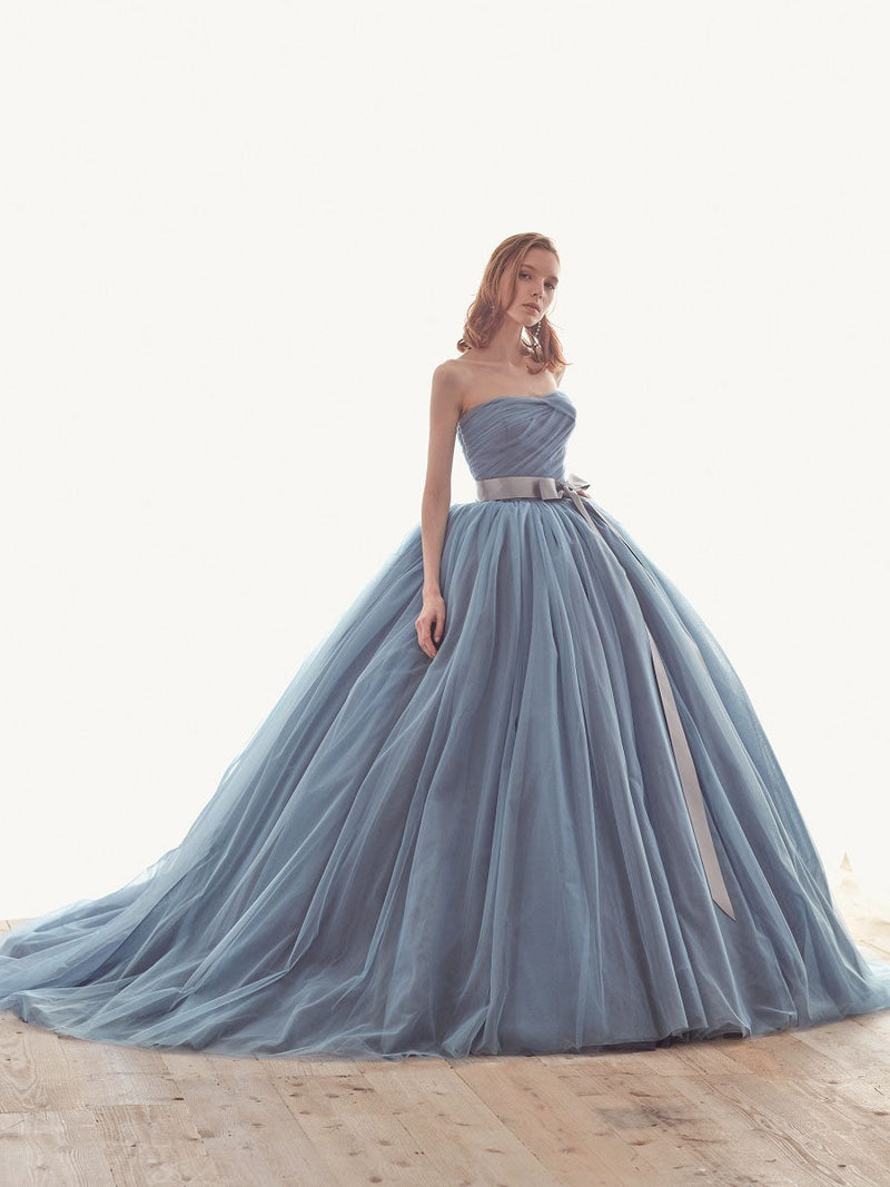 Blue Wedding Dresses With Train Strapless Sleeveless Lace Up Natural Waist Long Tull Bridal Gown