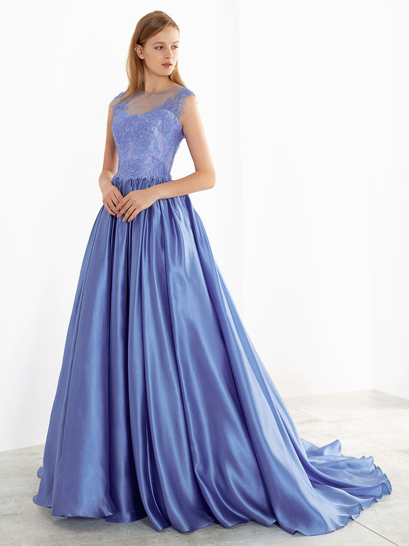 Blue Wedding Dresses With Train Strapless Sleeveless Natural Waist Lace Satin Fabric Bridal Gown
