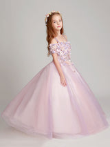 Blush Pink Off The Shoulder Applique Back Illusion Floor Length Kids Pageant flower girl dresses