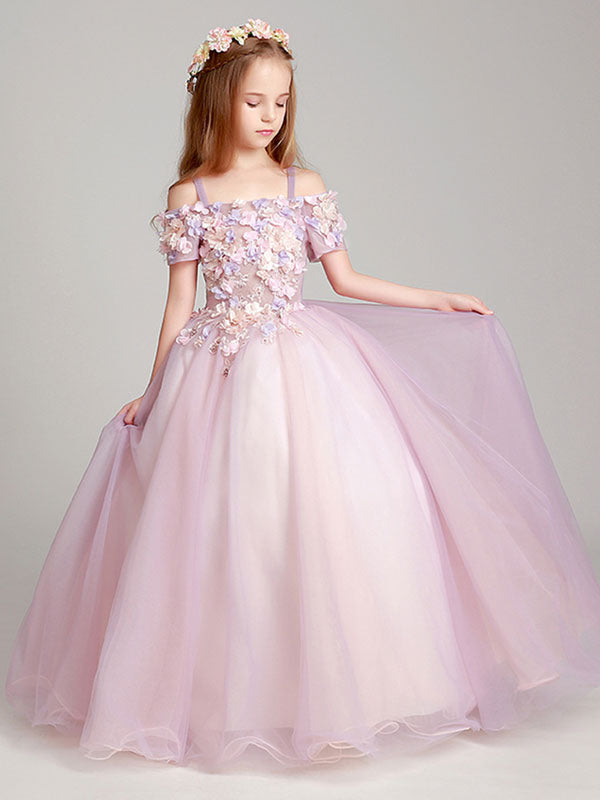 Blush Pink Off The Shoulder Applique Back Illusion Floor Length Kids Pageant flower girl dresses
