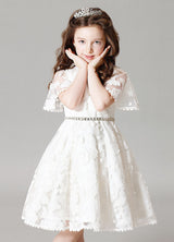 Boho Lace Princess Ivory A-Line Illusion Bell Sleeve Jeweled Sash Short Pageant Dress