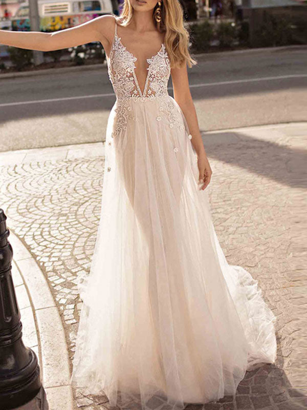 Boho Wedding Dress A-line Chic V-Neck Straps Sleeveless Tulle Beach Bridal Gowns