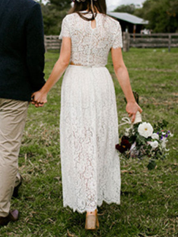 Boho Wedding Dress A-line Jewel Neck Short Sleeve Ankle Length Lace Two Pieces Bridal Gown