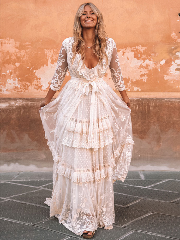 Boho Wedding Dress Suit Chic V-Neck Long Lace Multilayer Bridal Gown Dress And Outfit