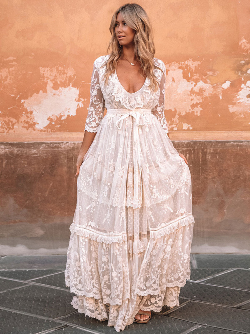 Boho Wedding Dress Suit Chic V-Neck Long Lace Multilayer Bridal Gown Dress And Outfit