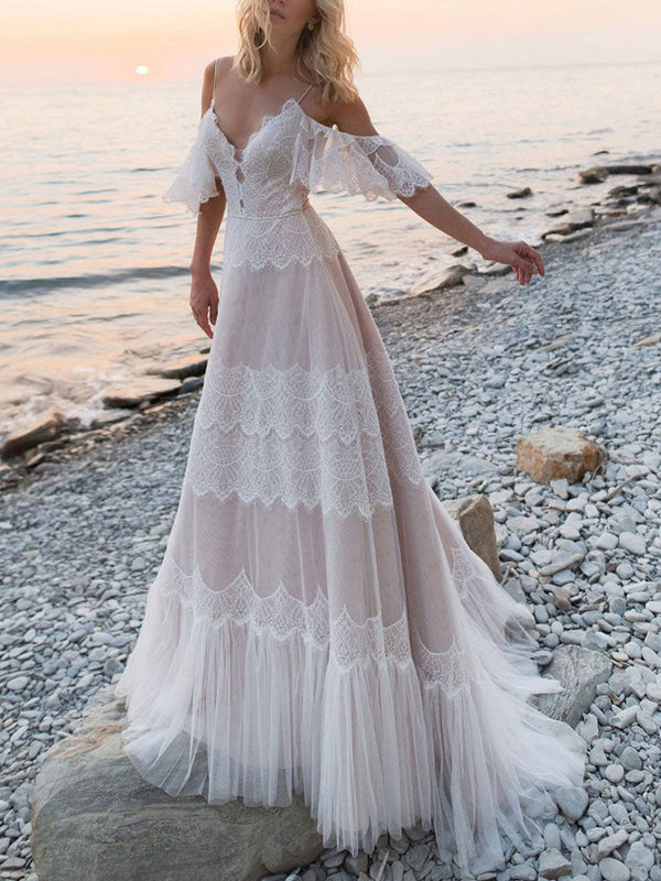 Boho Wedding Dresses A-line Deep V-Neck Straps Lace Short Sleeve Bridal Gown For Beach Wedding With Sweep Train