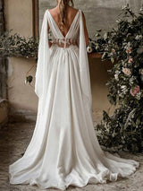 Boho Wedding Dresses Chiffon Chic V-Neck High Waist Roman Drapery Sleeve Bridal Gown