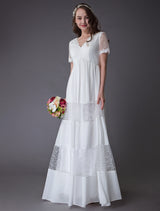 Boho Wedding Dresses Lace Chiffon Patchwork Ivory Short Sleeve Gypsy Maxi Beach Bridal Gowns Exclusive