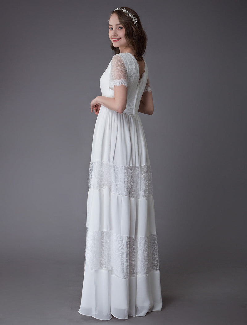 Boho Wedding Dresses Lace Chiffon Patchwork Ivory Short Sleeve Gypsy Maxi Beach Bridal Gowns Exclusive