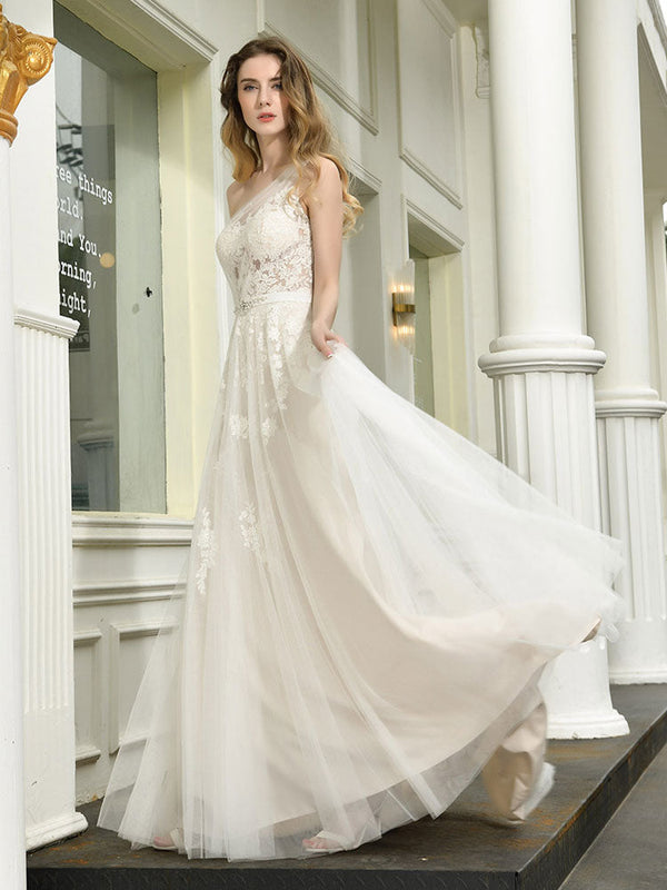 Bridal Dress One Shoulder Sleeveless Buttons Bridal Gowns With Train