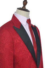 Bright Red Jacquard Peak Lapel with Black Silk Amazing Mens Suits