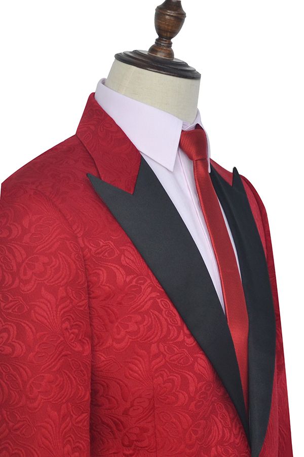 Bright Red Jacquard Peak Lapel with Black Silk Amazing Mens Suits