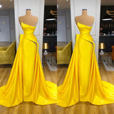 Bright Yellow Metallic Sequin Overskirt Prom Dress Strapless