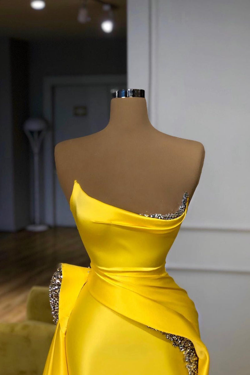 Bright Yellow Metallic Sequin Overskirt Prom Dress Strapless