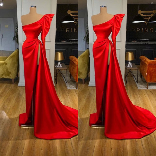 Bubble Sleeve Red High-split Long Evening Dress One-shoulder