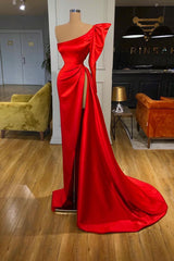 Bubble Sleeve Red High-split Long Evening Dress One-shoulder